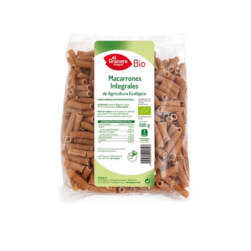 Comprar online MACARRONES INTEGRAL BIO 500 gr de EL GRANERO INTEGRAL