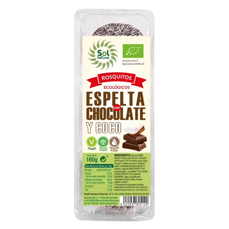 Comprar online ROSQUITOS ESPELTA CHOCOLATE Y COCO BIO 160 g de SOLNATURAL