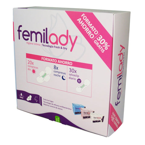 Comprar online PACK 20 COMPRESAS D–A, 8 NOCHE Y 30 SALVASLIP FEMI de FEMILADY. Imagen 1
