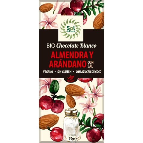Comprar online TABLETA CHOCO BLANCO ALMENDRA-ARANDANO 70 g de SOLNATURAL. Imagen 1